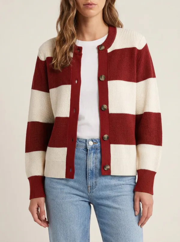 Classic Textured Distinctive Rugby Striped Knit Cardigan