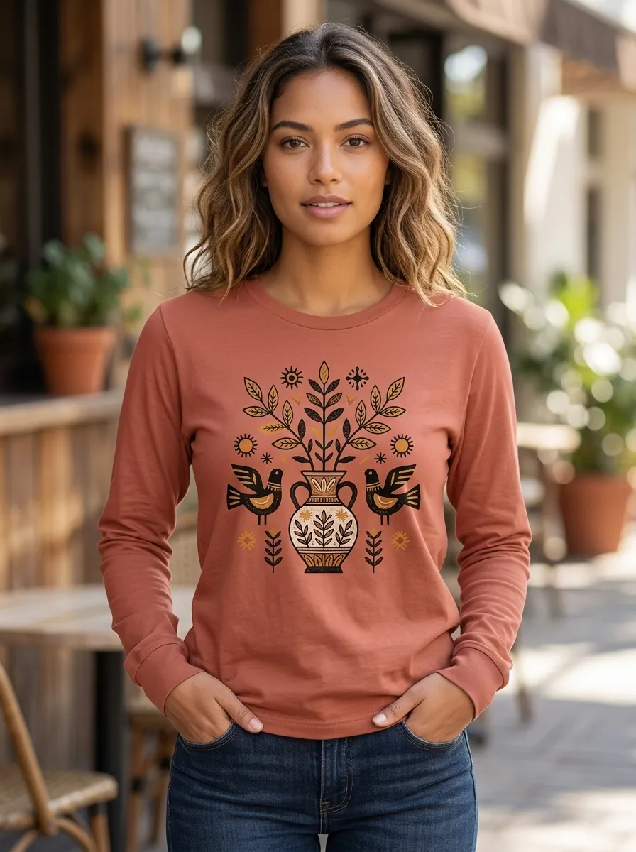 Women's Folk Art Bird and Vase Printed Long Sleeve Top