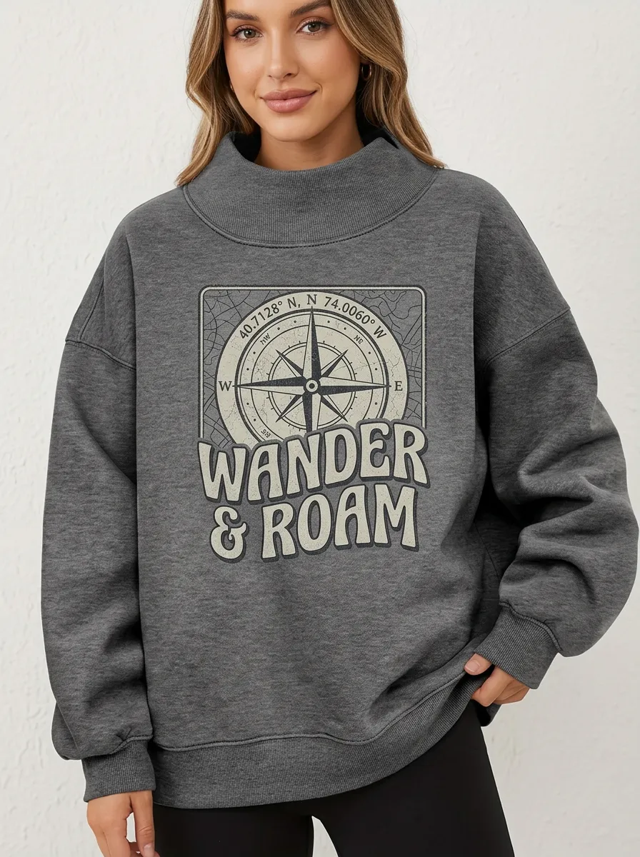 Travel Wanderer Compass Wander and Roam Mock Neck Sweatshirt