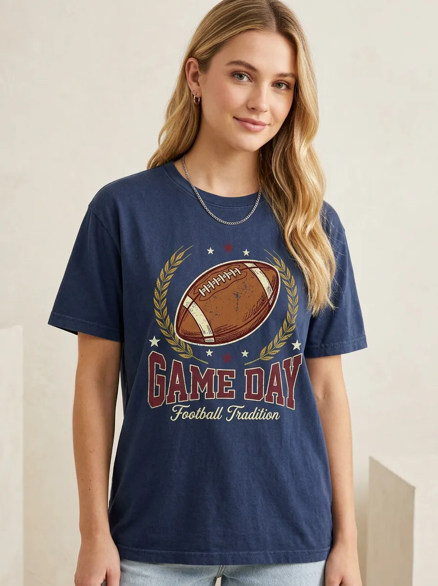 Women's American Football Game Day Wreath Printed T-Shirt