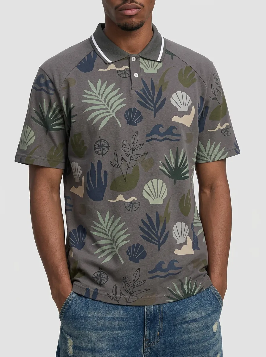 Men's Tropical Beach Shell Compass Printed Polo Shirt