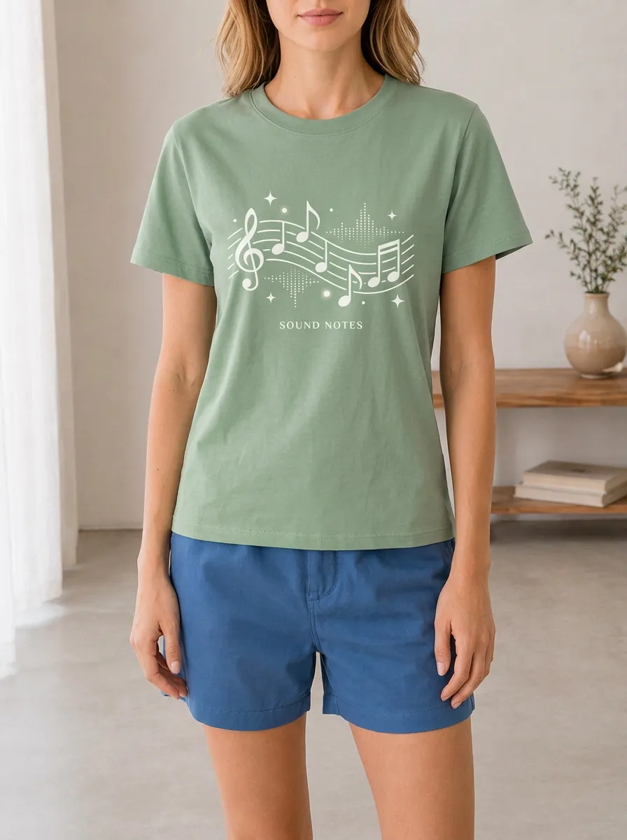Women's Music Lover Sound Notes Musical Staff Printed T-shirt