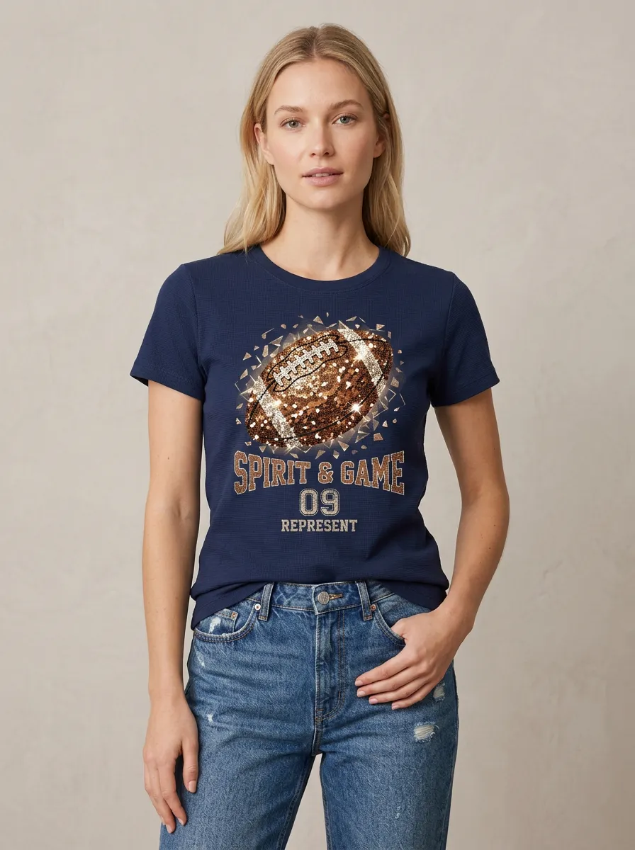 Women's Everyday Football Ball Sparkle Crew Neck Graphic T-Shirt