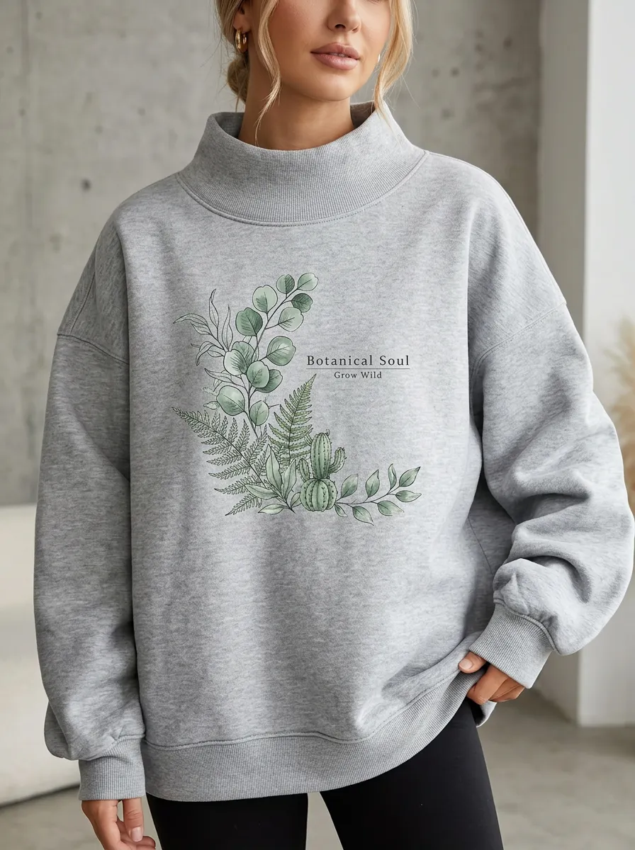 Botanical Soul Fern Cactus Mock Neck Sweatshirt