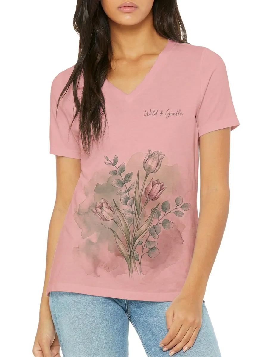 Women's Wild & Gentle Tulip Floral Watercolor Printed V-Neck T-Shirt