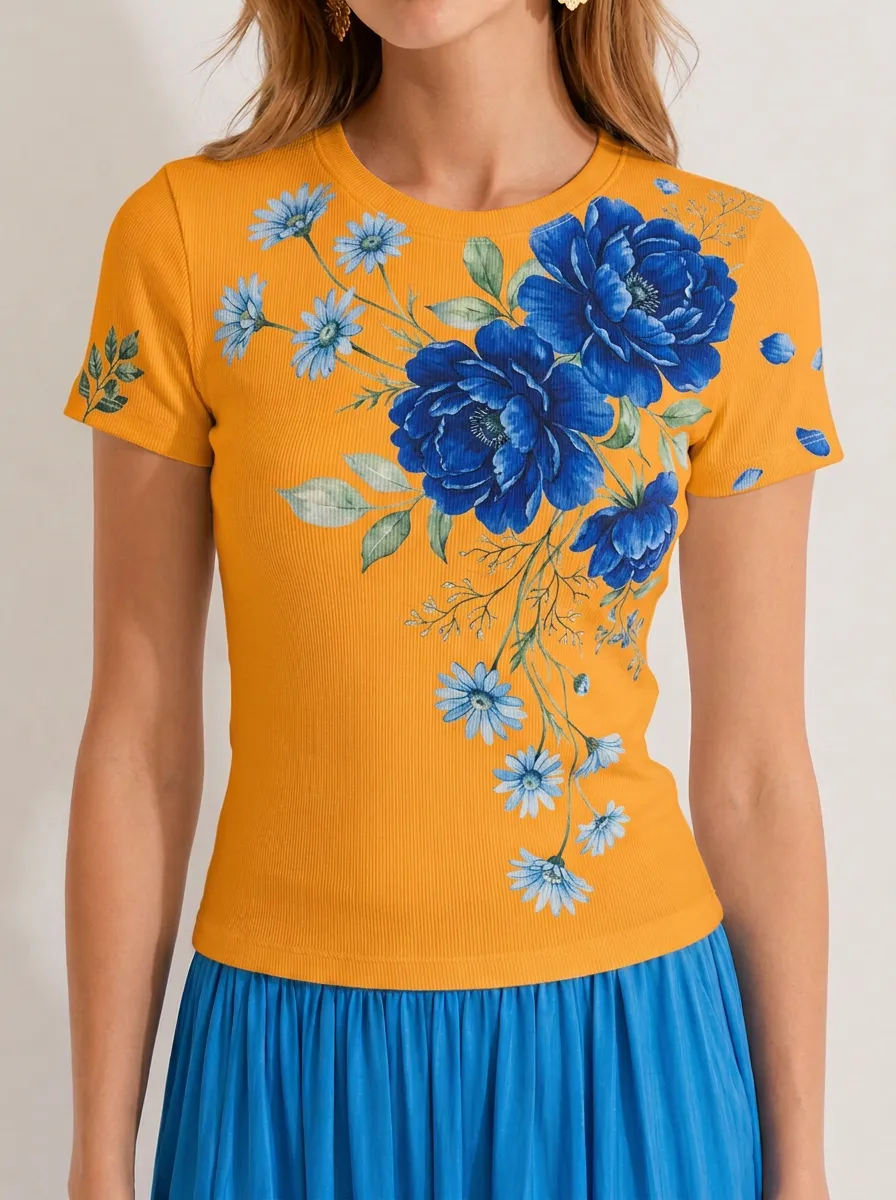 Women's Floral Lover Blue Peony Daisy Printed Ribbed Top