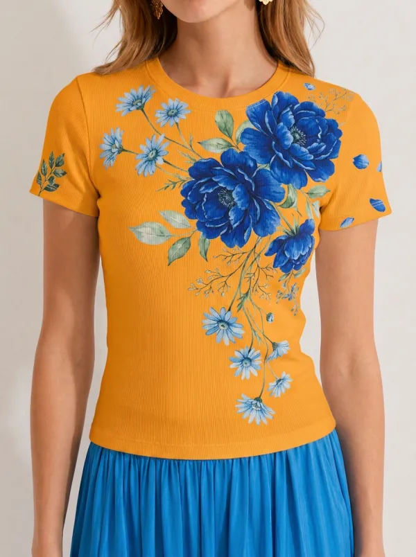 Women's Floral Lover Blue Peony Daisy Printed Ribbed Top