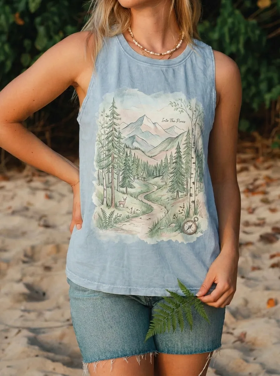 Women's Nature Lover Mountain Forest Deer Compass Printed Tank Top