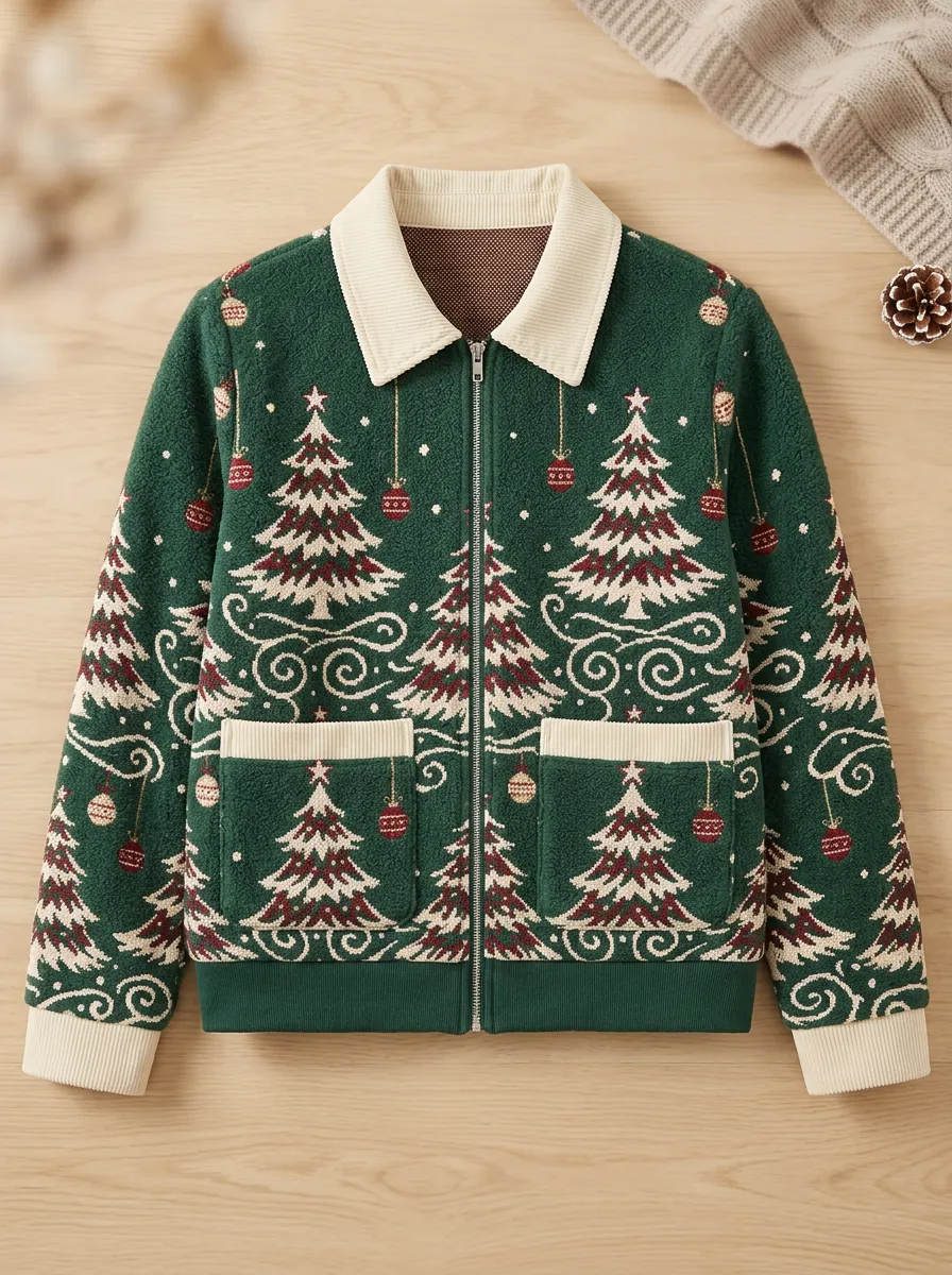 Unisex Christmas Holiday Tree Bauble Print Zip-up Jacket