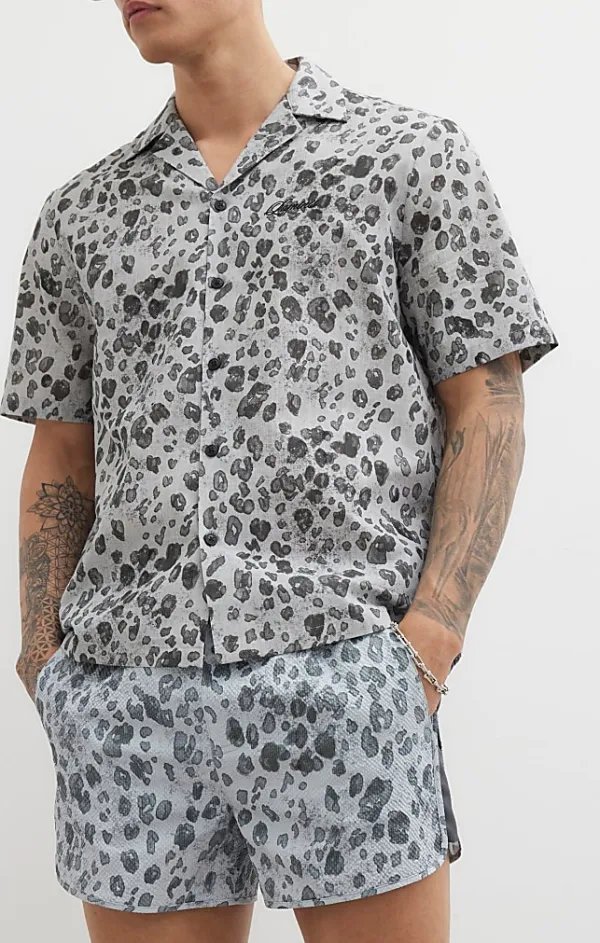 Fashionable Casual Men's Grey Leopard Print Short