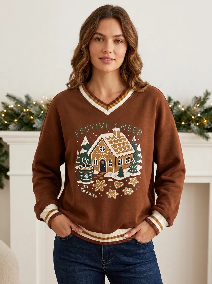 Christmas Gingerbread House Festive Cheer Print Sweatshirt
