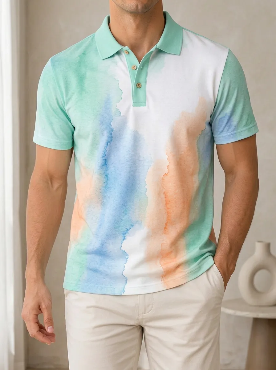 Men's Watercolor Abstract Pastel Printed Polo Shirt