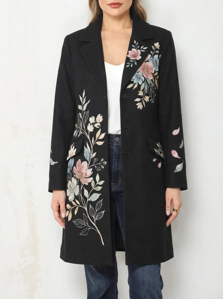 Women's Floral Botanical Art Printed Long Coat