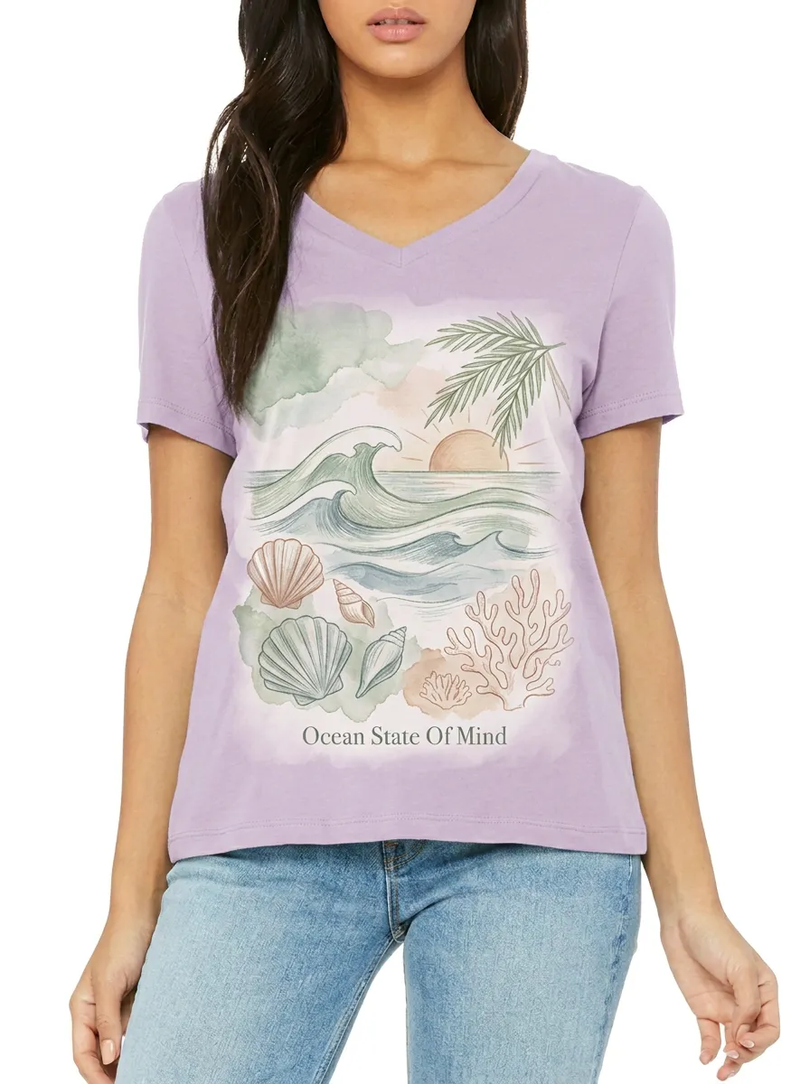 Women's Beach Lover Ocean State Of Mind Watercolor Printed V-neck T-shirt
