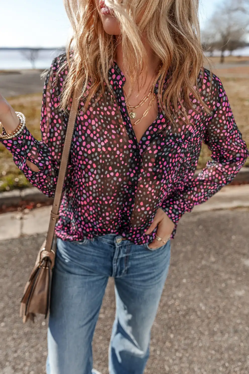 Boho Dot Print Button Front Shirt Blouse