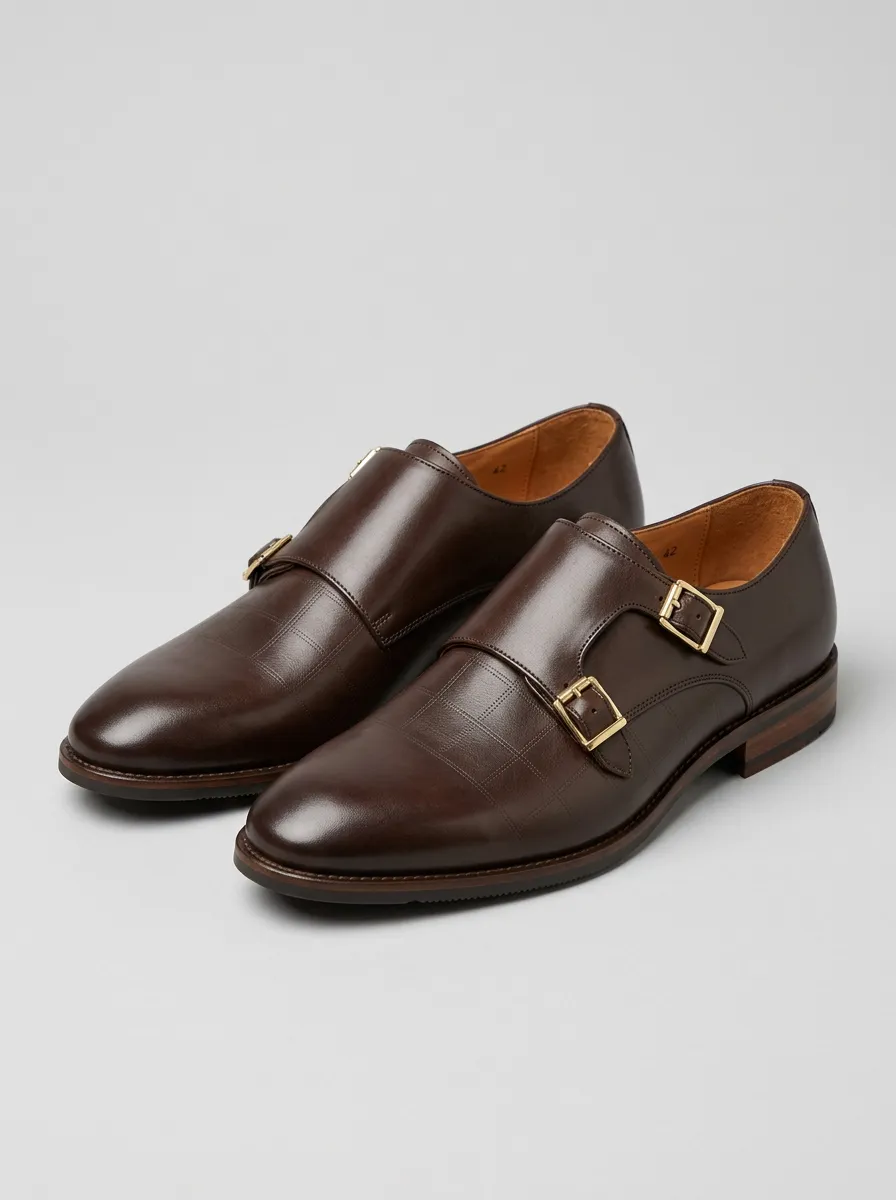 Men's Everyday Business Formal Checkered Double Monk Strap Leather Shoes
