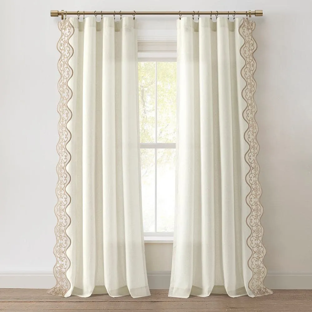 Farmhouse Floral Cotton Light Filtering Scalloped Edge Lace Curtain Panel