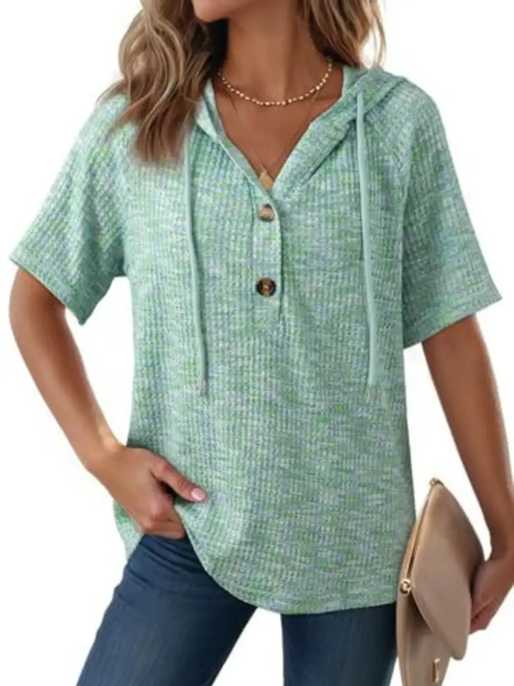 Drawstring Short Sleeve Hooded Top