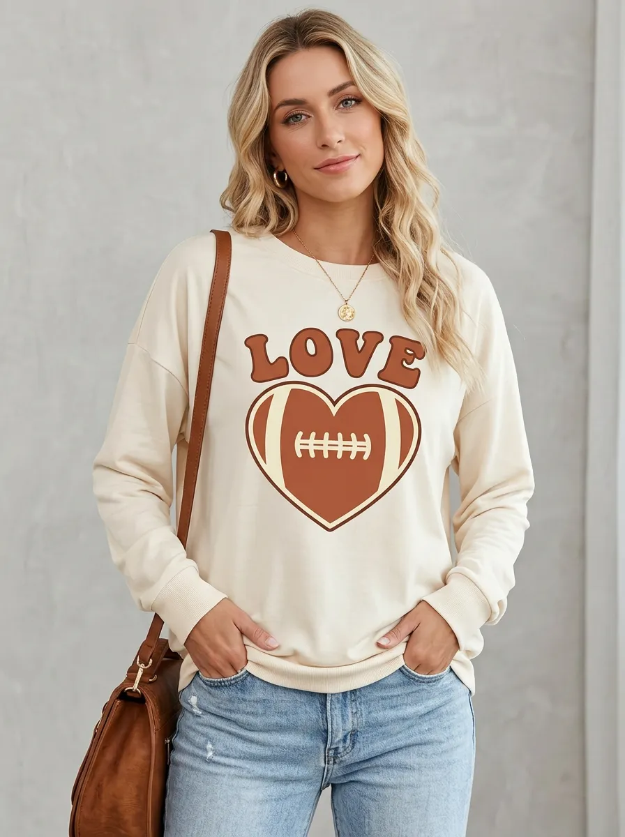 Women's Statement Gridiron Heart Ball Love Crewneck Long Sleeve T-Shirt