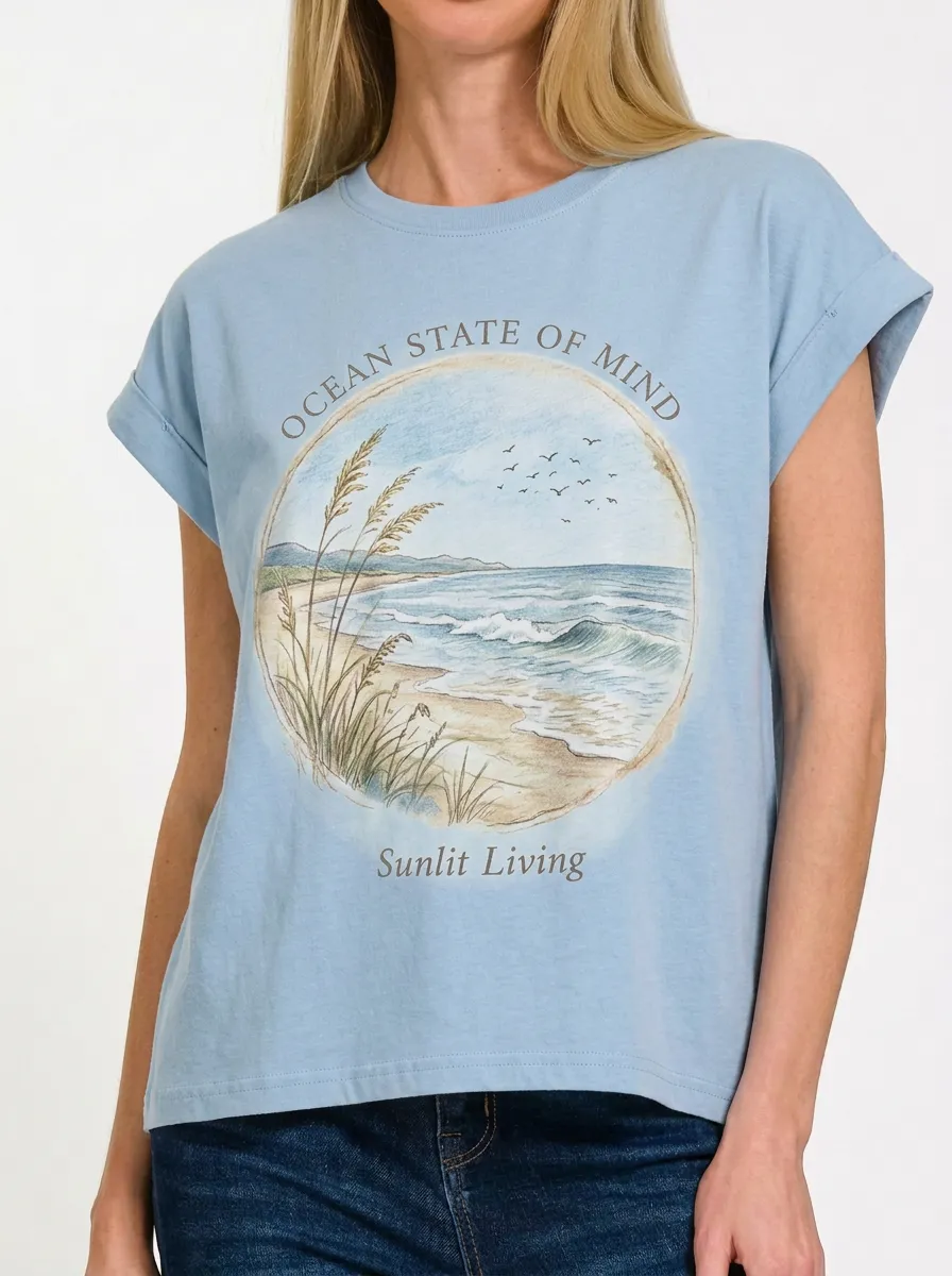 Women's Beach Lover Ocean State of Mind Printed T-shirt