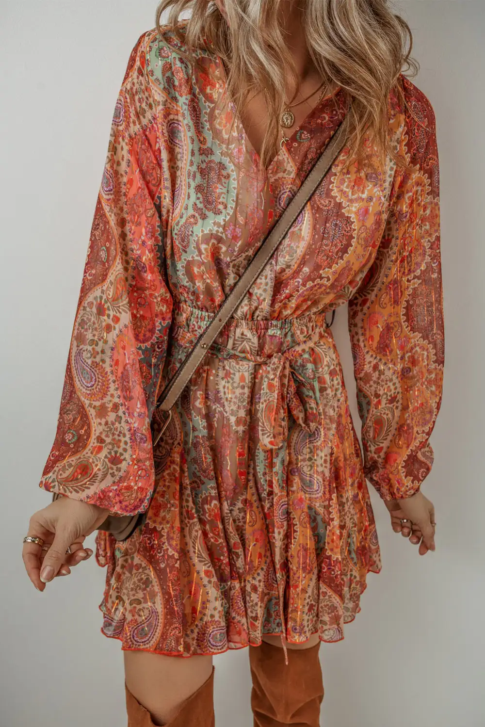 Paisley Pleated Belted Mini Dress