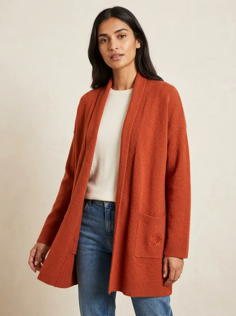 Relaxed Maple-Leaf Embroidered Leaf-Motif Knit Cardigan