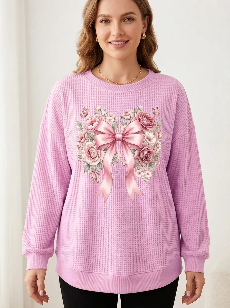 Ribbon Women's Breast Cancer Awareness Waffle Sweatshirt