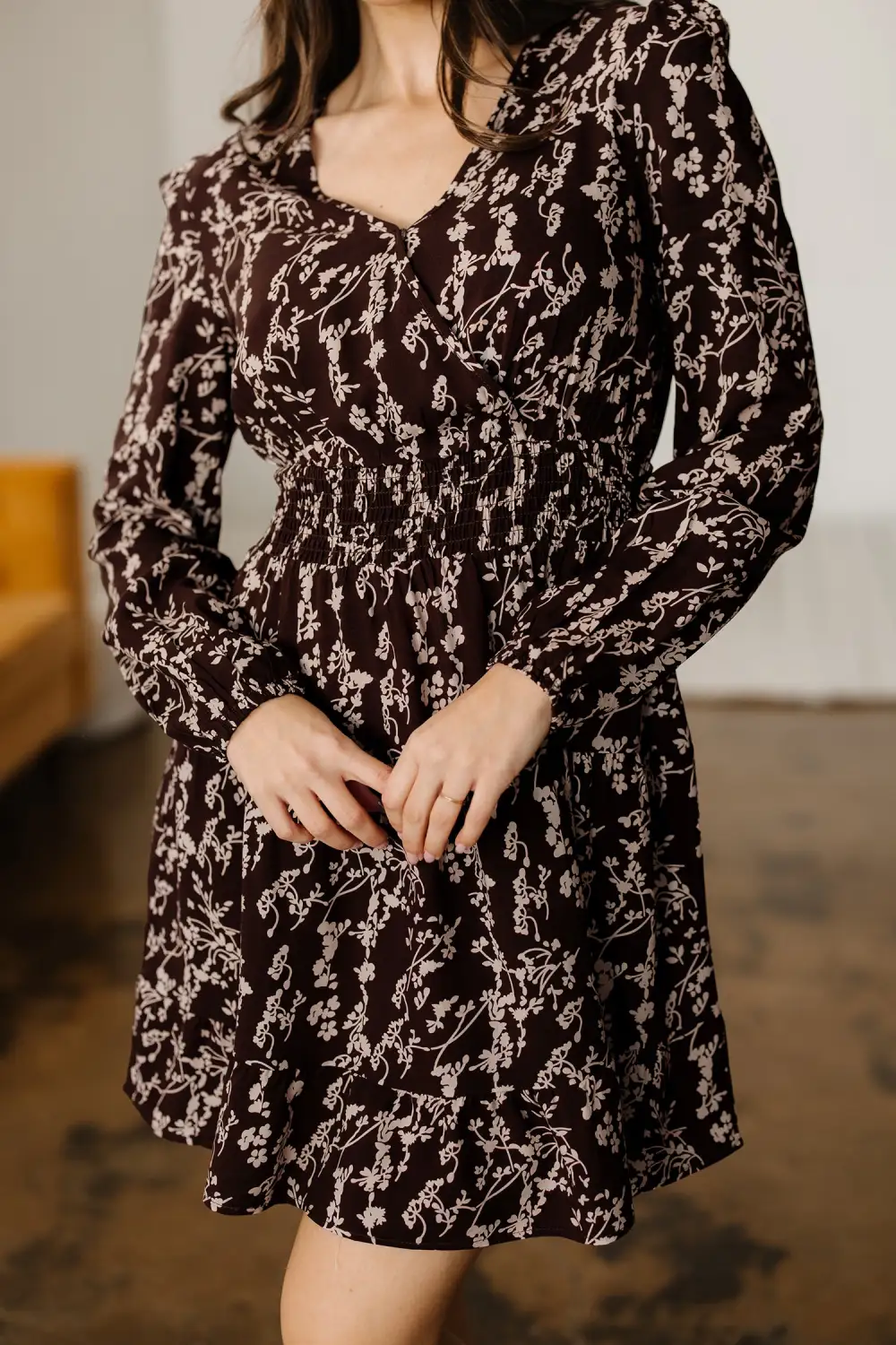 Lightweight Feel Floral Printed Split Neck Mini Dress