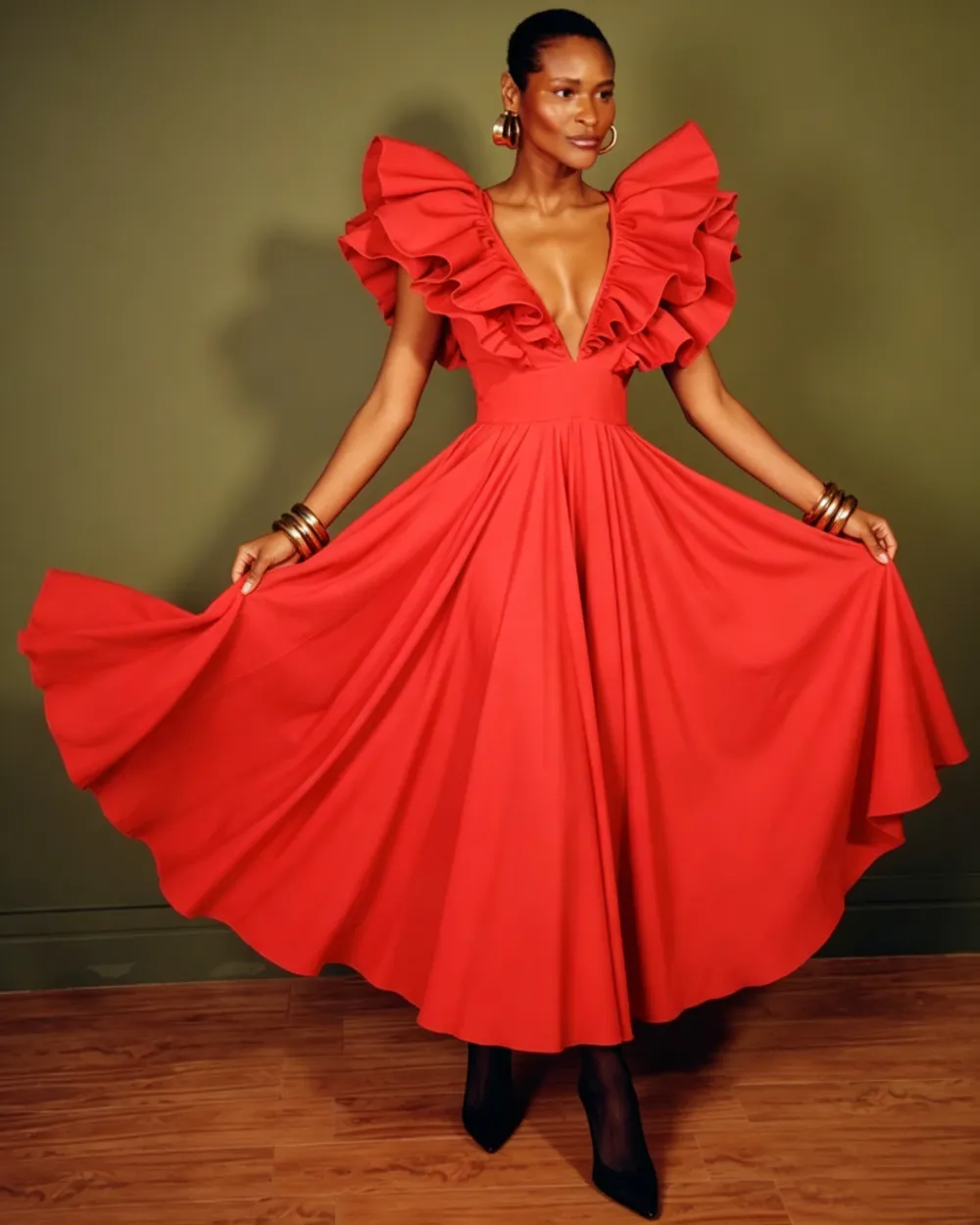 Vestido Longo com Babados Estruturados In Red