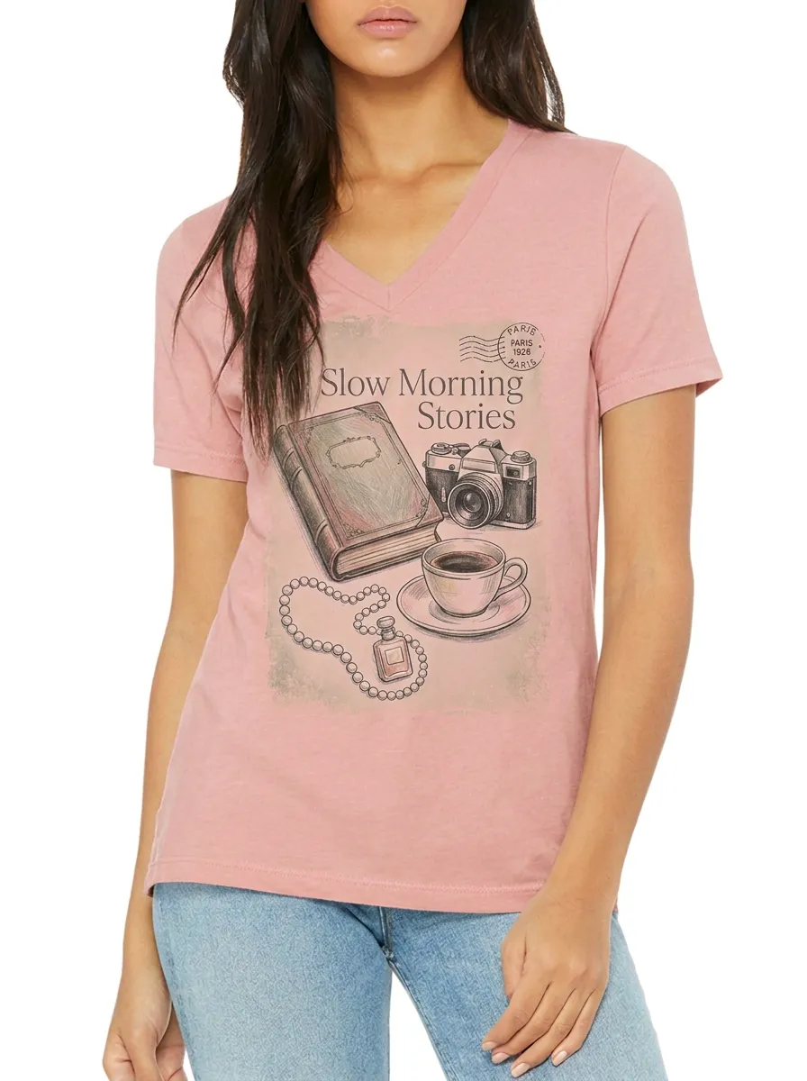 Women's Paris Aesthetic Book Camera Coffee Printed V-neck T-shirt