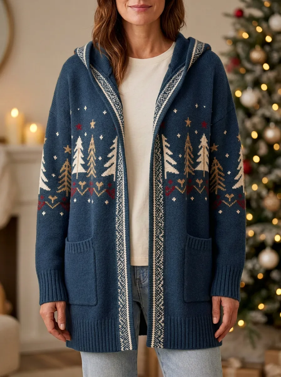 Christmas Tree Pattern Knit Hooded Cardigan