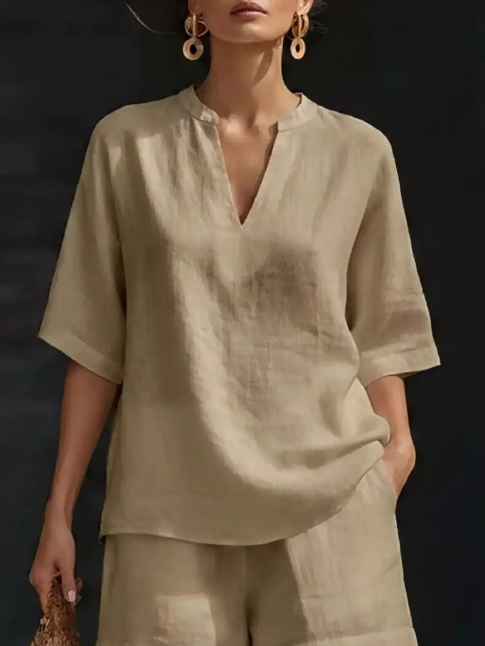 Notched Half Sleeve Top Shorts Set Plus