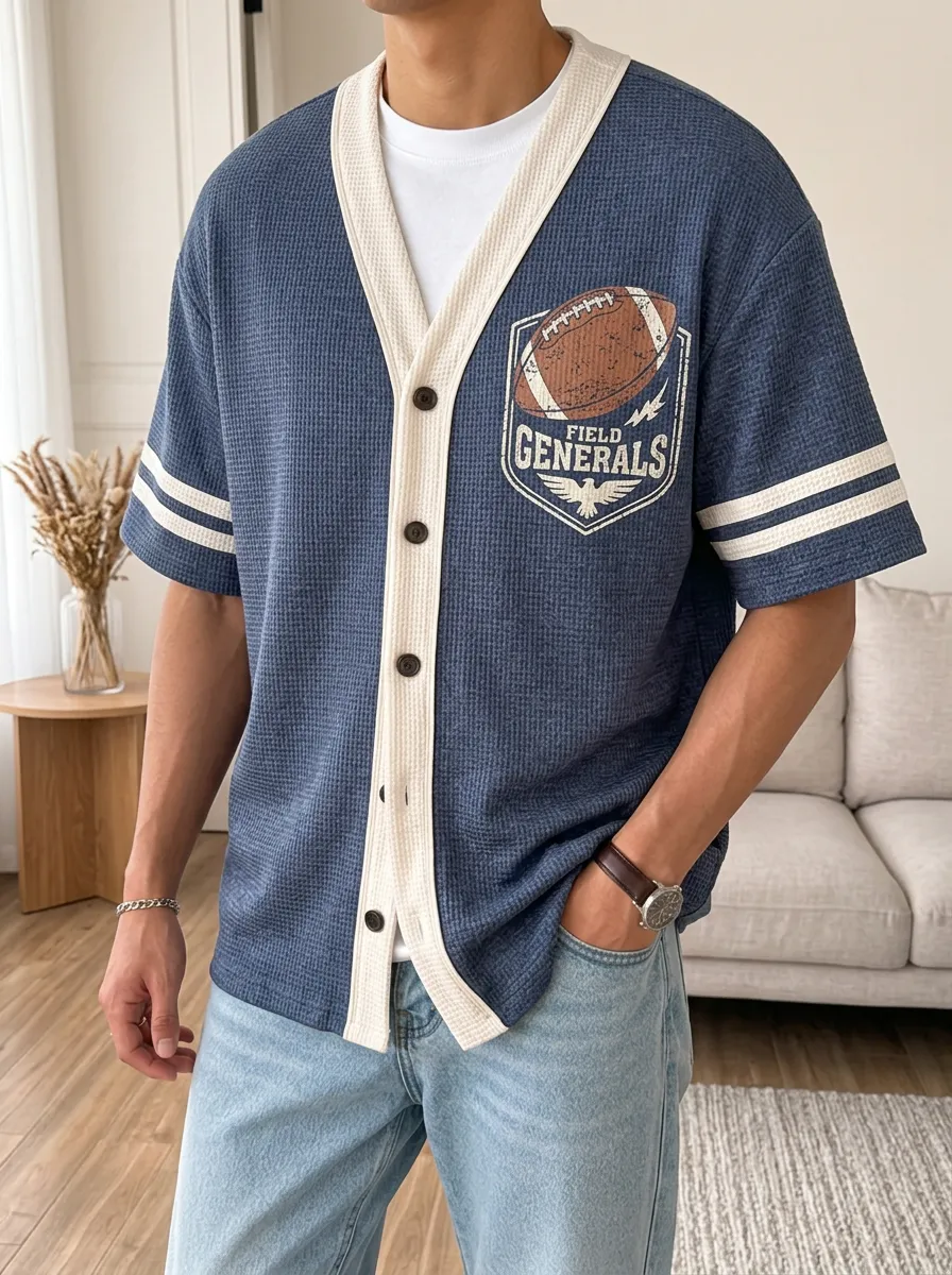Men's American Football Field Generals Printed Waffle Knit Cardigan