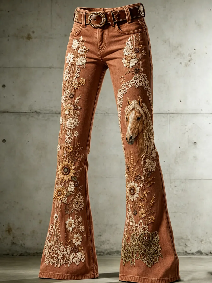 Ladies' Western Style Horse Floral Pattern Jeans