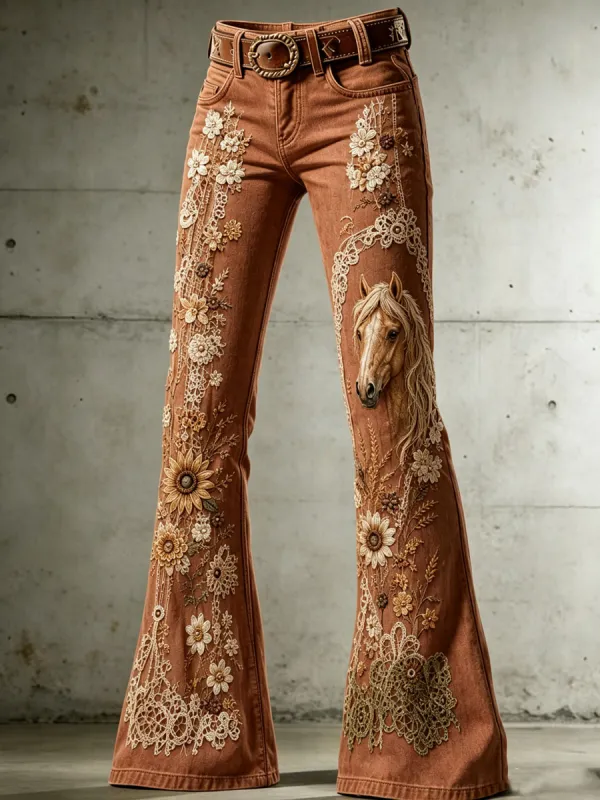 Ladies' Western Style Horse Floral Pattern Jeans