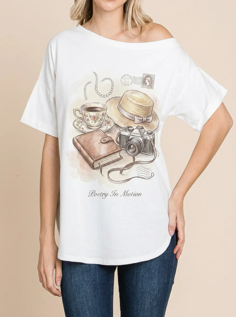 Women's Travel Hobby Poetry In Motion Camera Hat Printed T-shirt