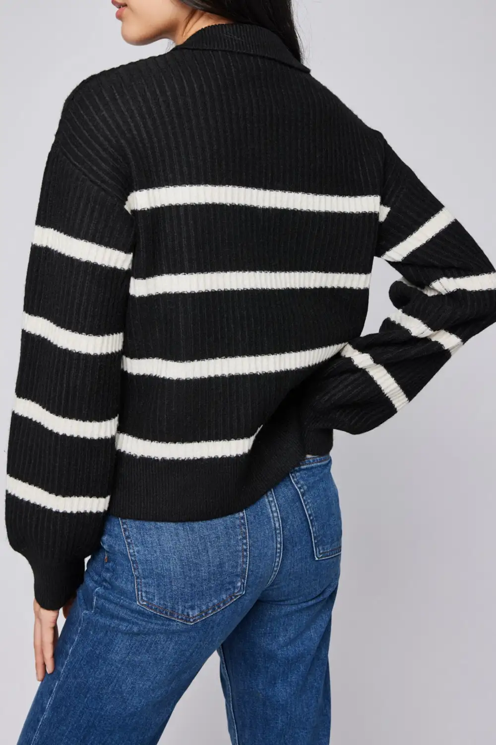 Striped Ribbed Collared V Neck Sweater
