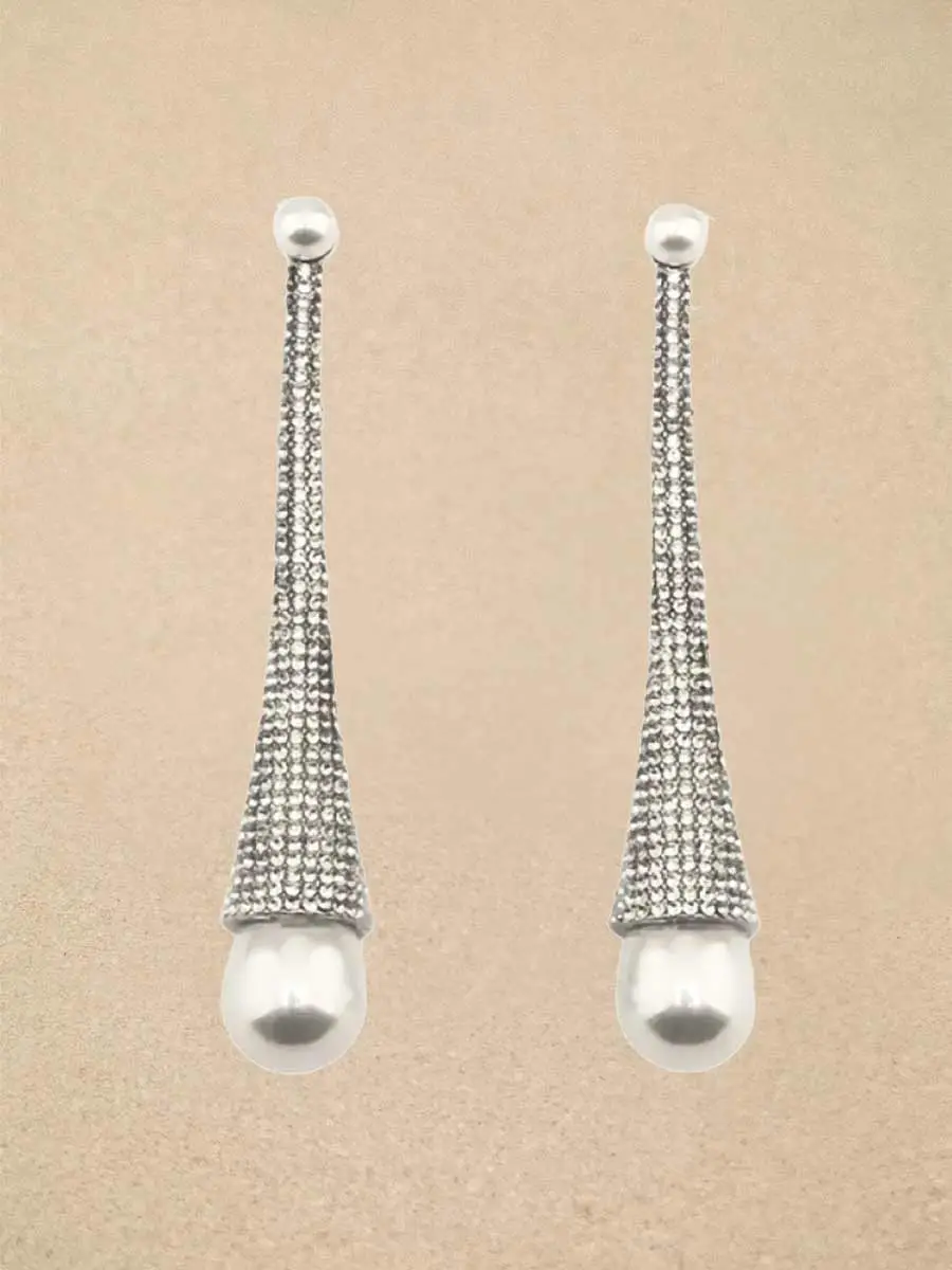 Sabina Long Tapered Rhinestone Drop Earrings