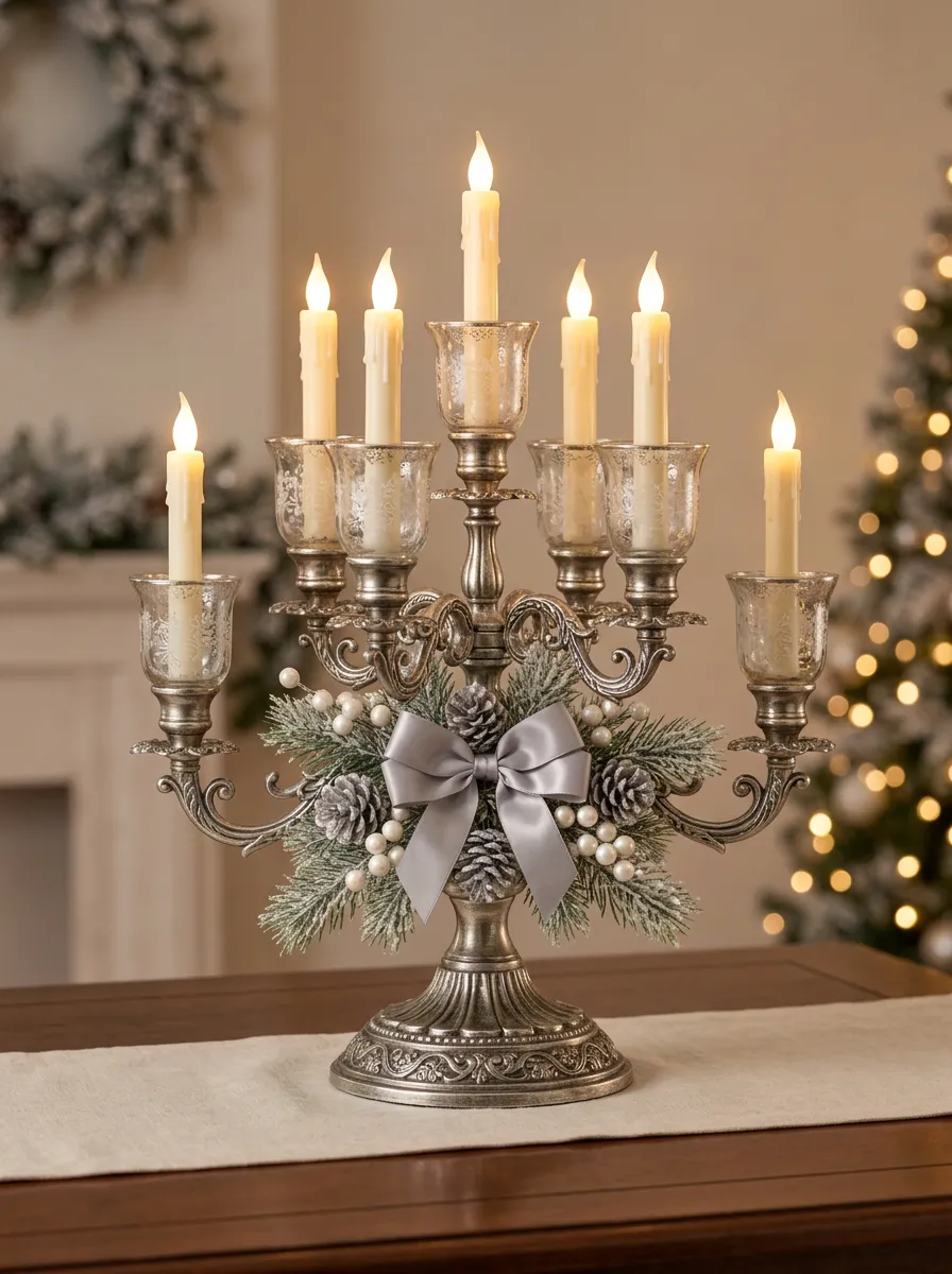 Pinecone Bow Printed Candelabra Centerpiece