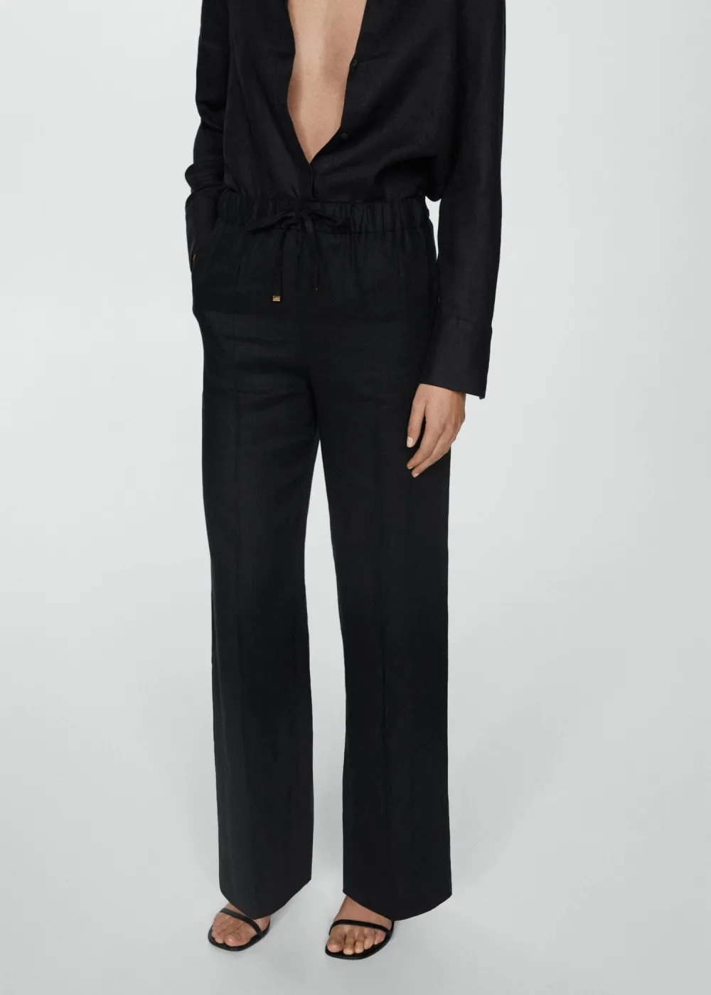 Linen-Blend Elastic Waist Trousers