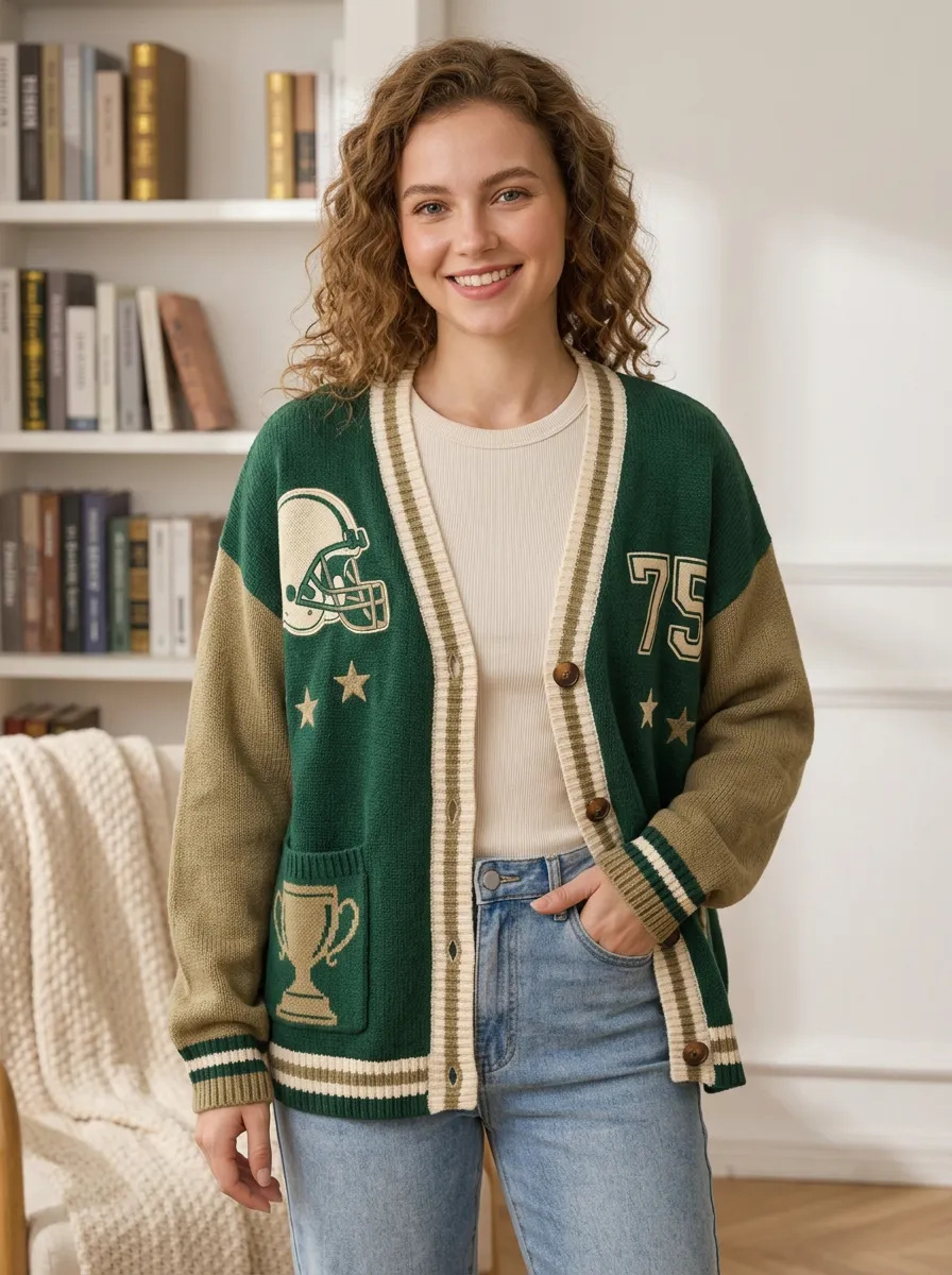 Women's Football Fan Helmet Trophy 75 Pattern Knitted Cardigan