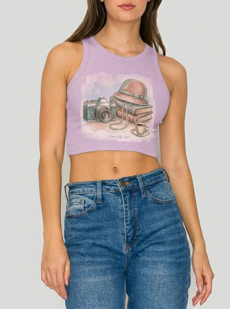 Women's Vintage Aesthetic Camera Books Hat Printed Crop Top