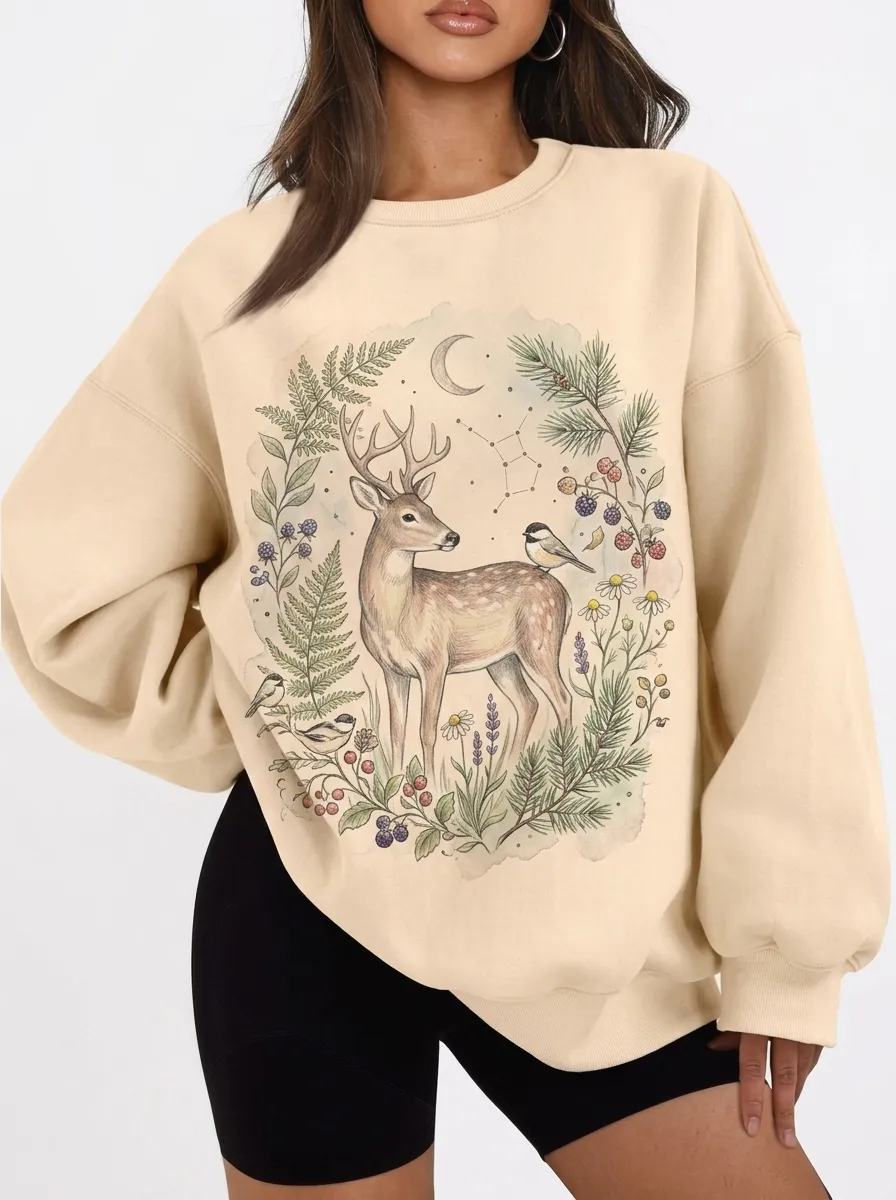 Women's Nature Lover Forest Deer Floral Printed Sweatshirt