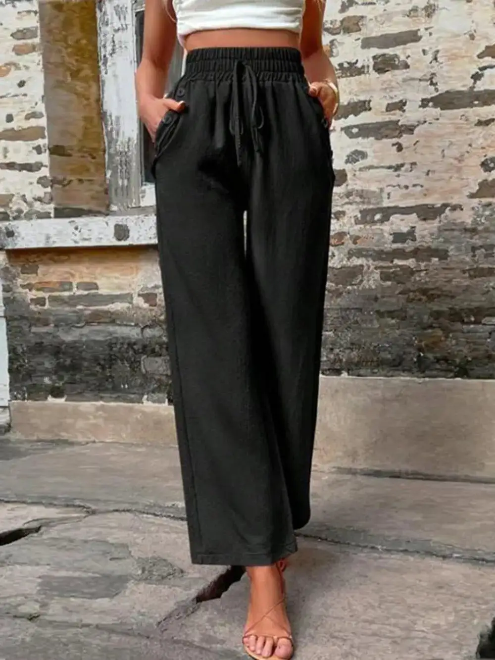 Wide Leg High Waist Tie Waist Pocketed Pants
