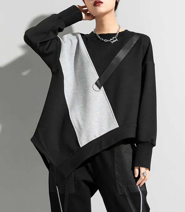 Refined Asymmetric Contrast Long Sleeve Round Neck T-Shirt