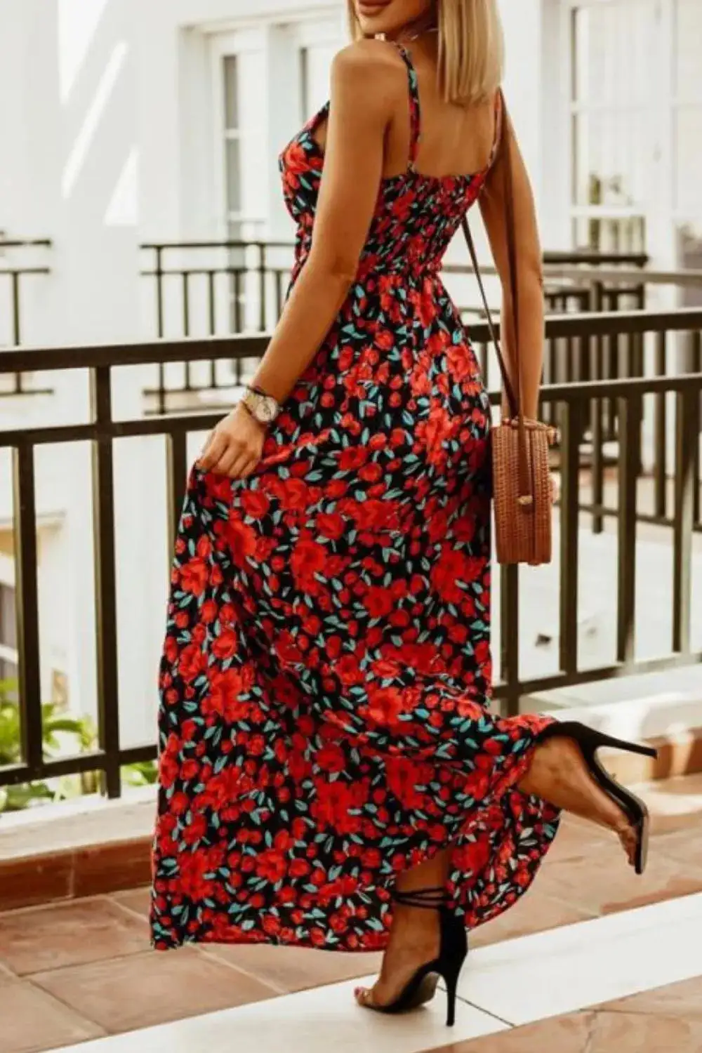 Classic Smocked Spaghetti-Strap Printed Maxi Dress