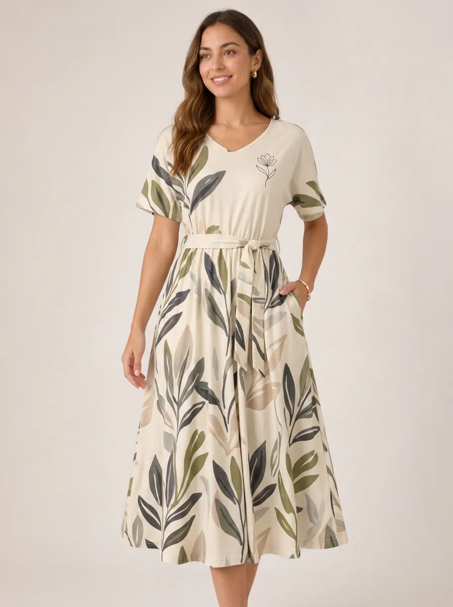 Women's Botanical Nature Lover Leaf Floral Printed V-neck Dress