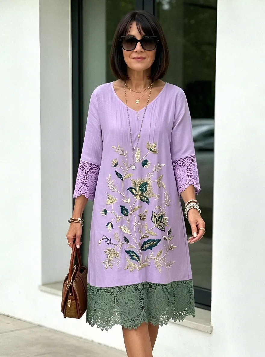 Women's Summer Vacation Floral Embroidery Lace Trim Printed Dress