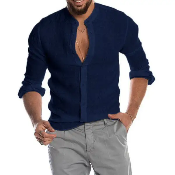 Men's Linen Shirt With Stand-up Collar Continuous Button Placket And Casual Slim-Fit Cut