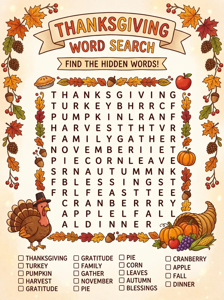 Thanksgiving Turkey Pumpkin Family Word Search Poster
